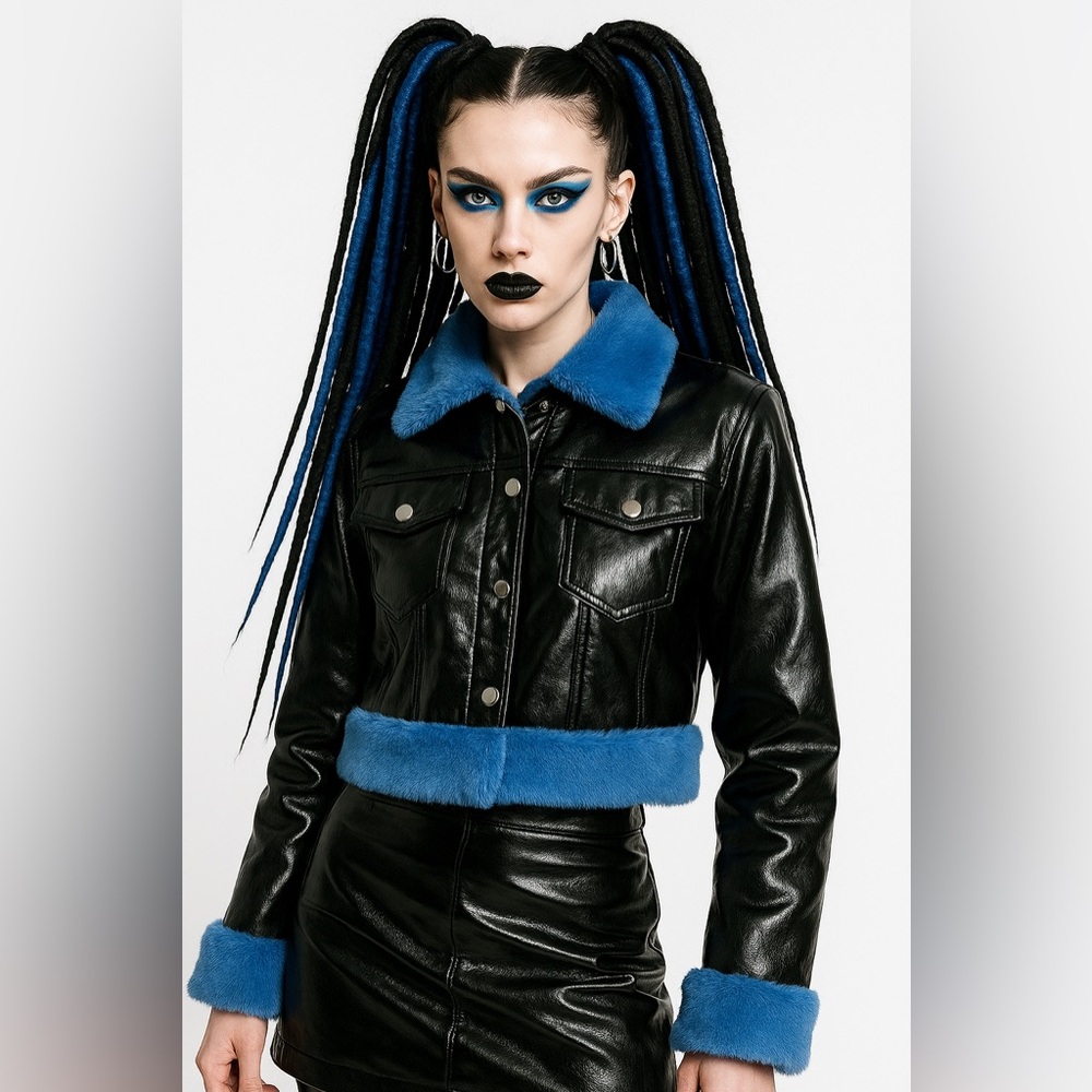 HALF HEART Top Crush Patent Vinyl Jacket Crop Fur Trim Button Down Black Blue L